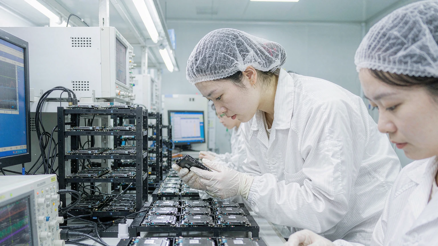 OV CHIP TECH SSD verification station: engineer running full-capacity read/write tests on enterprise SSDs before packing
